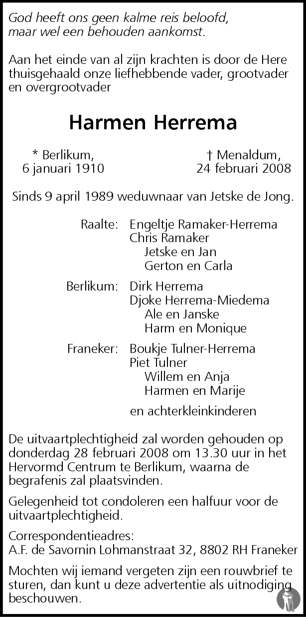 Overlijdensbericht van Harmen Herrema in Leeuwarder Courant