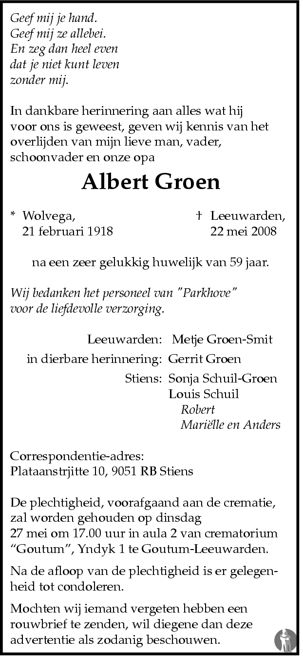 Albert Groen 22052008 overlijdensbericht en condoleances Mensenlinq.nl