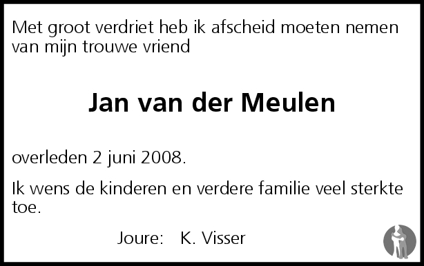 Jan van der Meulen 02-06-2008 overlijdensbericht en condoleances