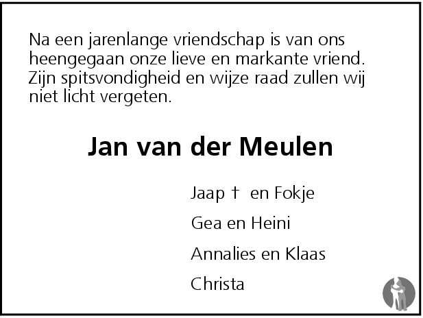 Jan van der Meulen 02-06-2008 overlijdensbericht en condoleances