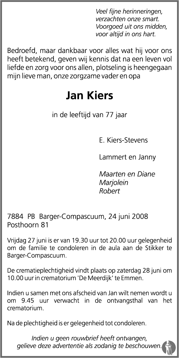 Jan Kiers 24 06 2008 Overlijdensbericht En Condoleances Mensenlinq Nl