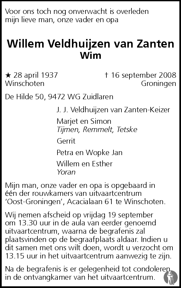 Willem (Wim) Veldhuijzen van Zanten 16-09-2008 overlijdensbericht en ...