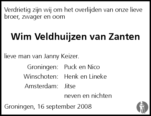 Willem (Wim) Veldhuijzen van Zanten 16-09-2008 overlijdensbericht en ...