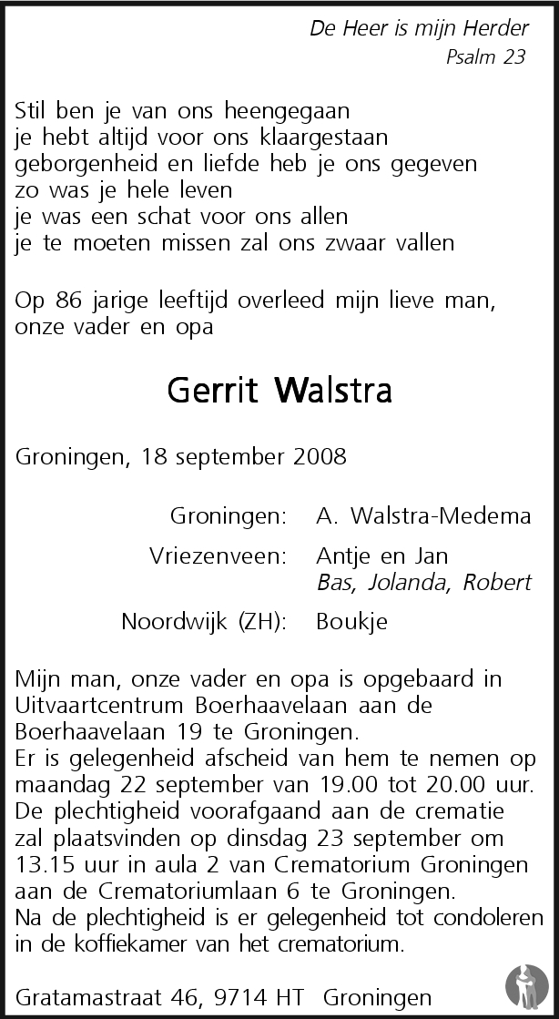 Gerrit Walstra Overlijdensbericht En Condoleances