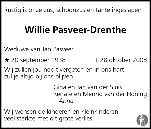 Wilmtien (Willie) Pasveer Drenthe 28102008 overlijdensbericht en condoleances Mensenlinq.nl