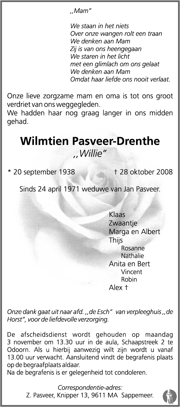 Wilmtien (Willie) Pasveer Drenthe 28102008 overlijdensbericht en condoleances Mensenlinq.nl