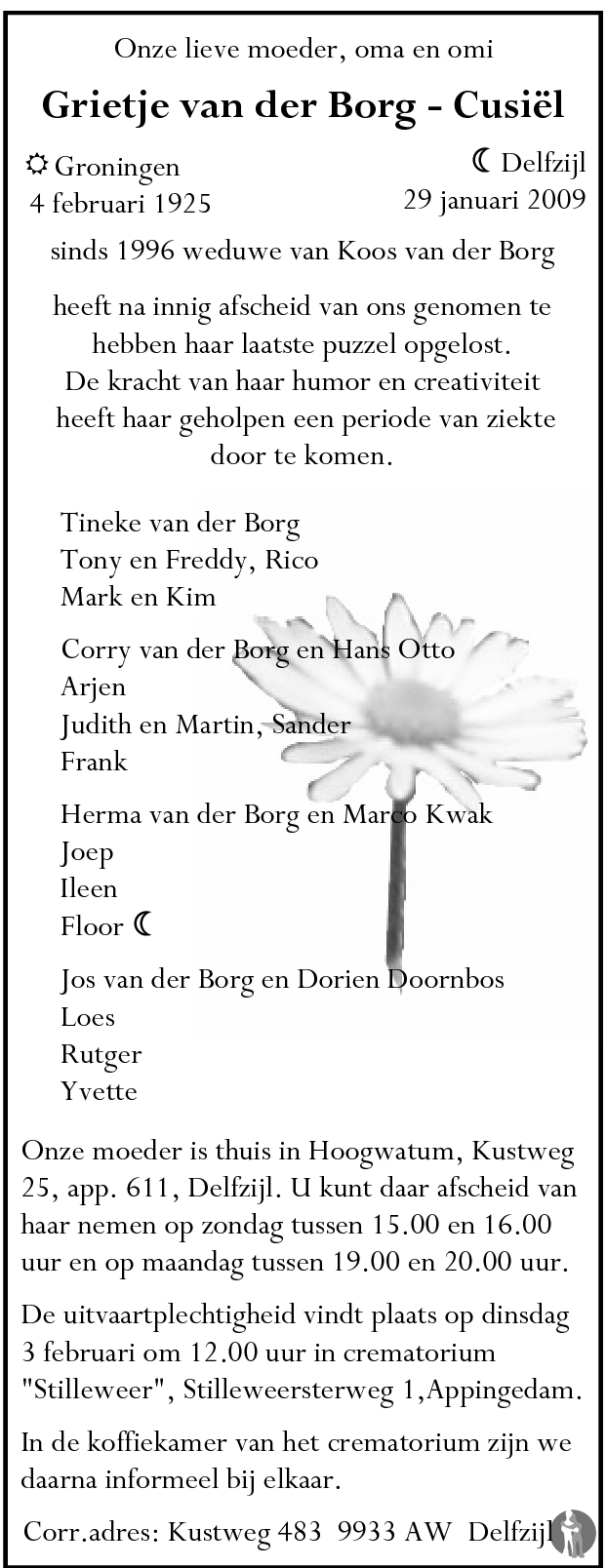 Grietje Van Der Borg Cusiel 29 01 2009 Overlijdensbericht En Condoleances Mensenlinq Nl