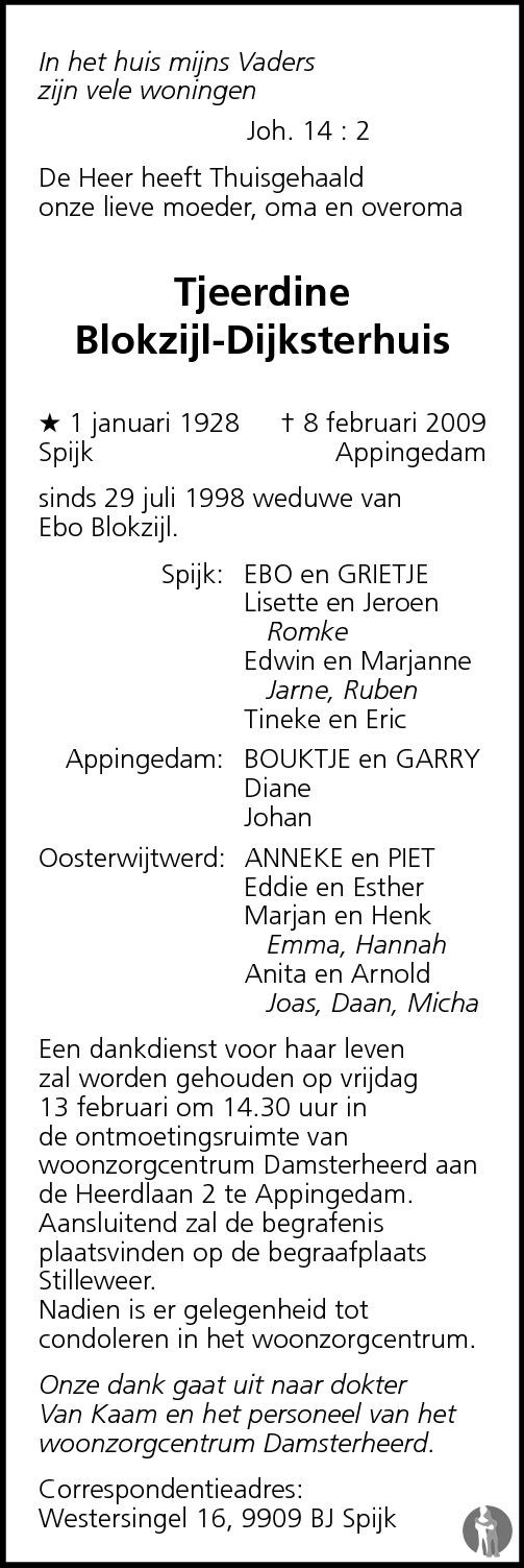 Overlijdensbericht van Tjeerdine Blokzijl - Dijksterhuis in Eemsbode/Noorderkrant