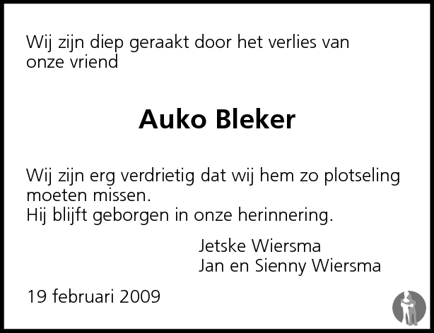 Auko Albert Bleker 19-02-2009 overlijdensbericht en condolean