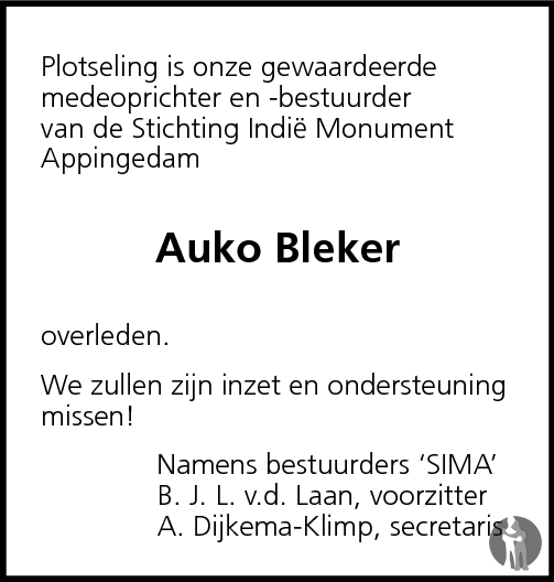 Auko Albert Bleker 19-02-2009 overlijdensbericht en condolean