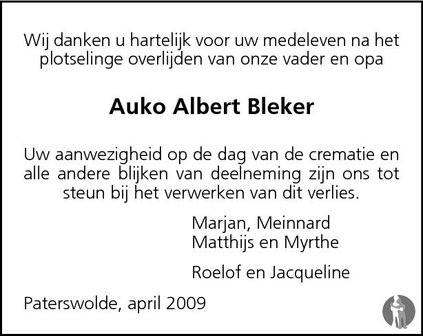 Auko Albert Bleker 19-02-2009 overlijdensbericht en condolean