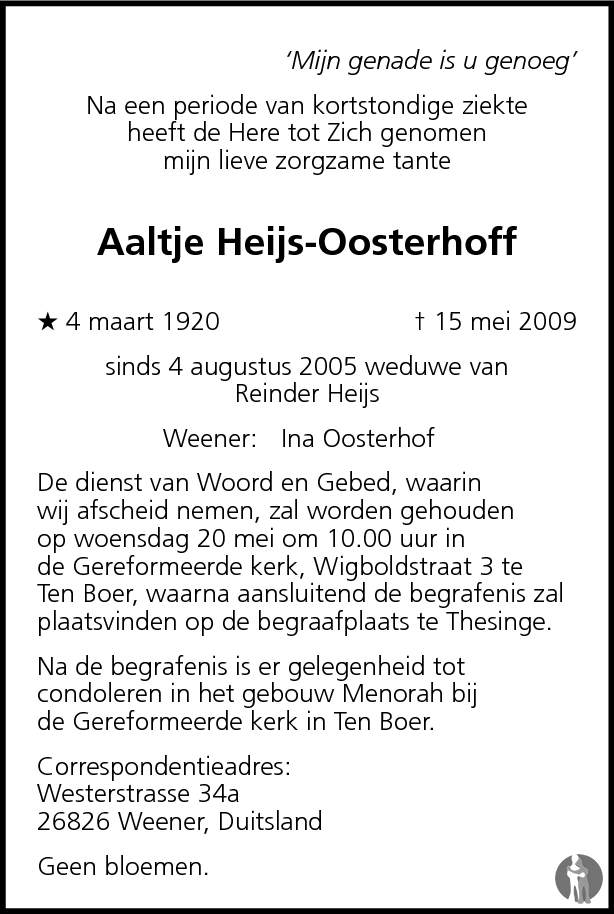 Aaltje Heijs - Oosterhoff 15-05-2009 overlijdensbericht en condoleances ...