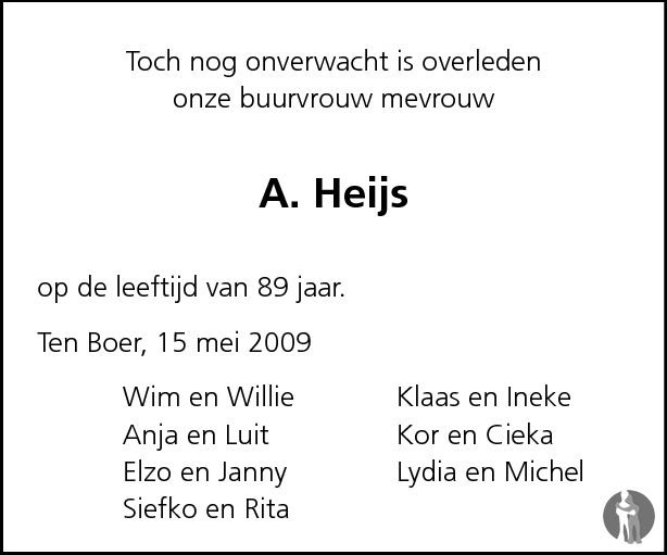 Aaltje Heijs - Oosterhoff 15-05-2009 overlijdensbericht en condoleances ...