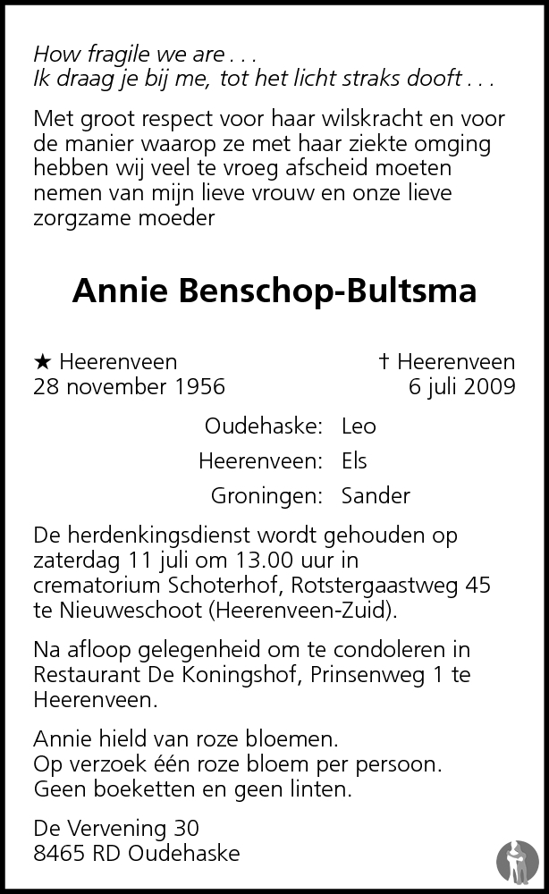 Annie Benschop Bultsma Overlijdensbericht En Condoleances Mensenlinq Nl