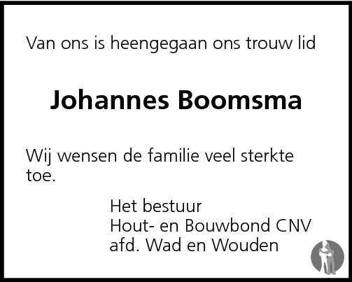 Johannes Rienk Boomsma 19-07-2009 overlijdensbericht en condoleances ...