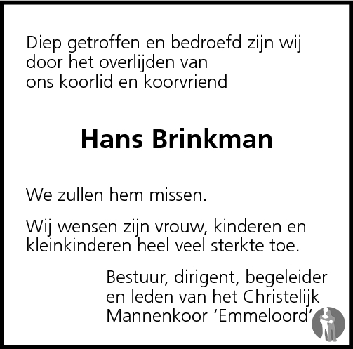 Johannes (Hans) Brinkman 27072009 overlijdensbericht en condoleances