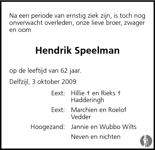 Hendrik (Henk) Speelman 03-10-2009 overlijdensbericht en condoleances ...