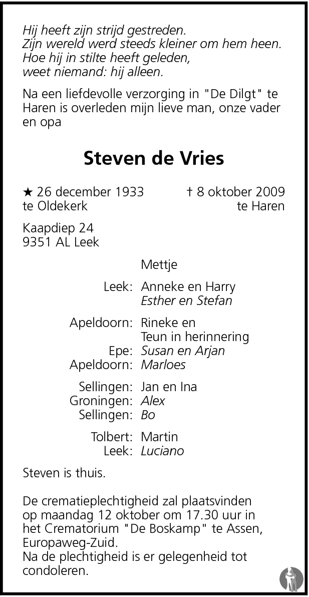 Steven De Vries Overlijdensbericht En Condoleances Mensenlinq Nl