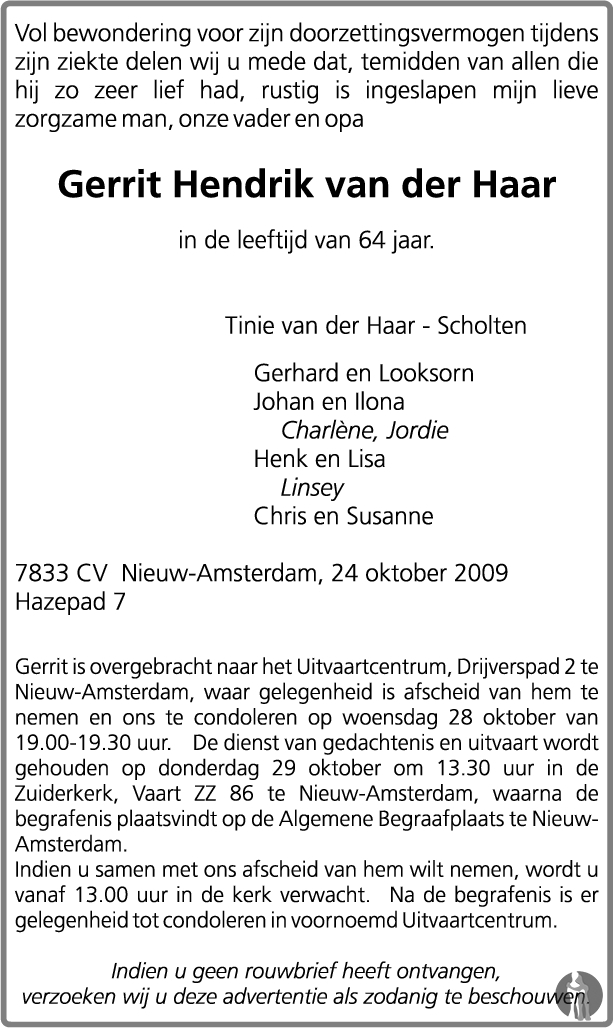 Gerrit Hendrik van der Haar 24102009 overlijdensbericht en