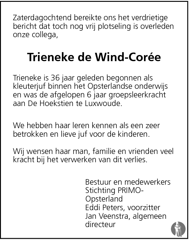 Trieneke de Wind Corée 07 11 2009 overlijdensbericht en condoleances Mensenlinq nl