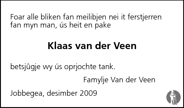 Klaas van der Veen 31-10-2009 overlijdensbericht en condoleances