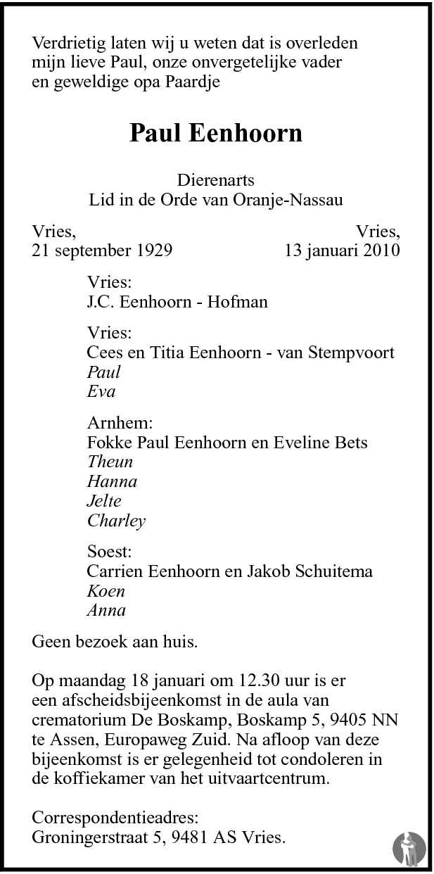 Paul Eenhoorn 13012010 overlijdensbericht en condoleances Mensenlinq.nl