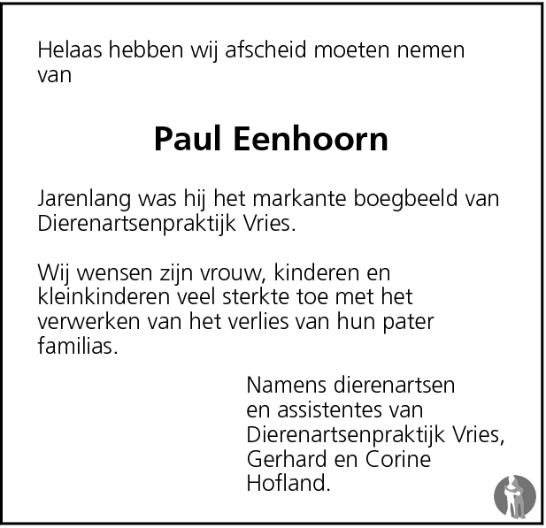 Paul Eenhoorn 13012010 overlijdensbericht en condoleances Mensenlinq.nl