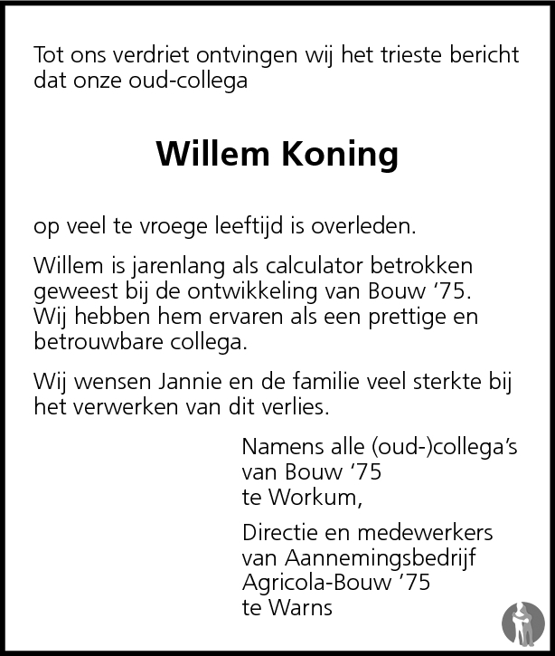 Willem Koning 16012010 overlijdensbericht en condoleances  Mensenlinq.nl