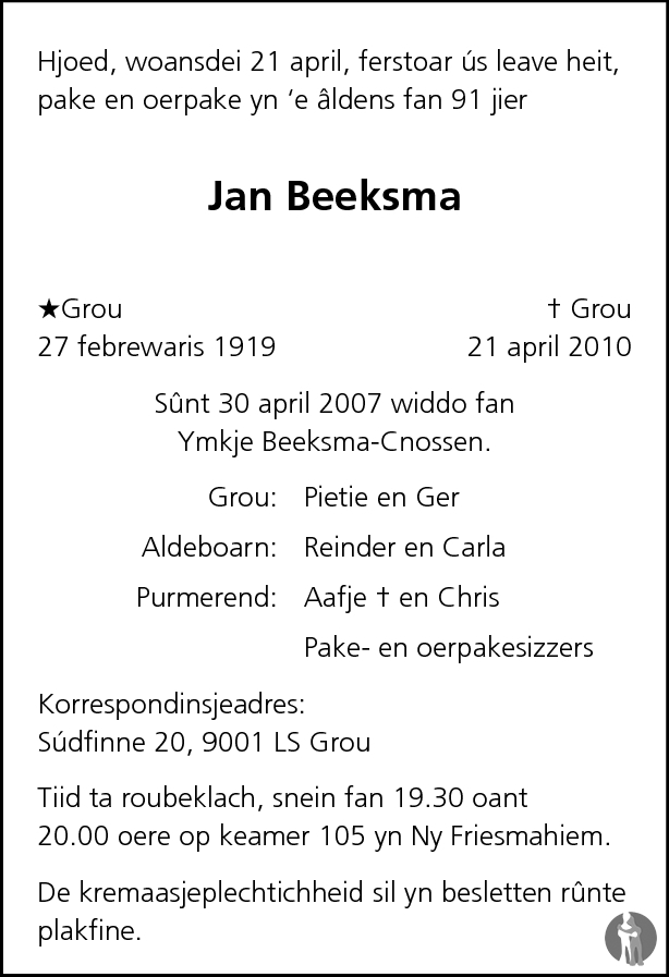 Jan Beeksma 21 04 2010 Overlijdensbericht En Condoleances Mensenlinq Nl