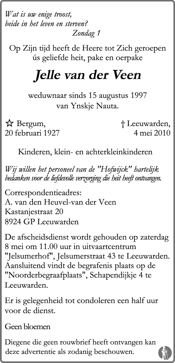 Jelle van der Veen 04052010 overlijdensbericht en condoleances