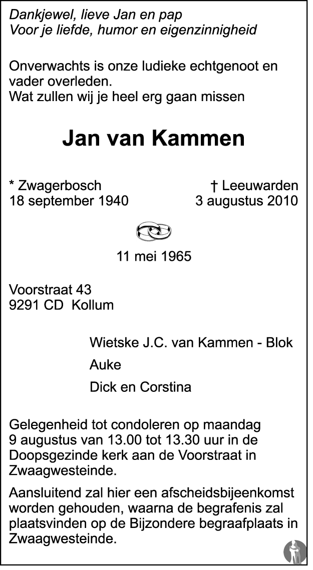 Jan van Kammen 03-08-2010 overlijdensbericht en condoleances ...