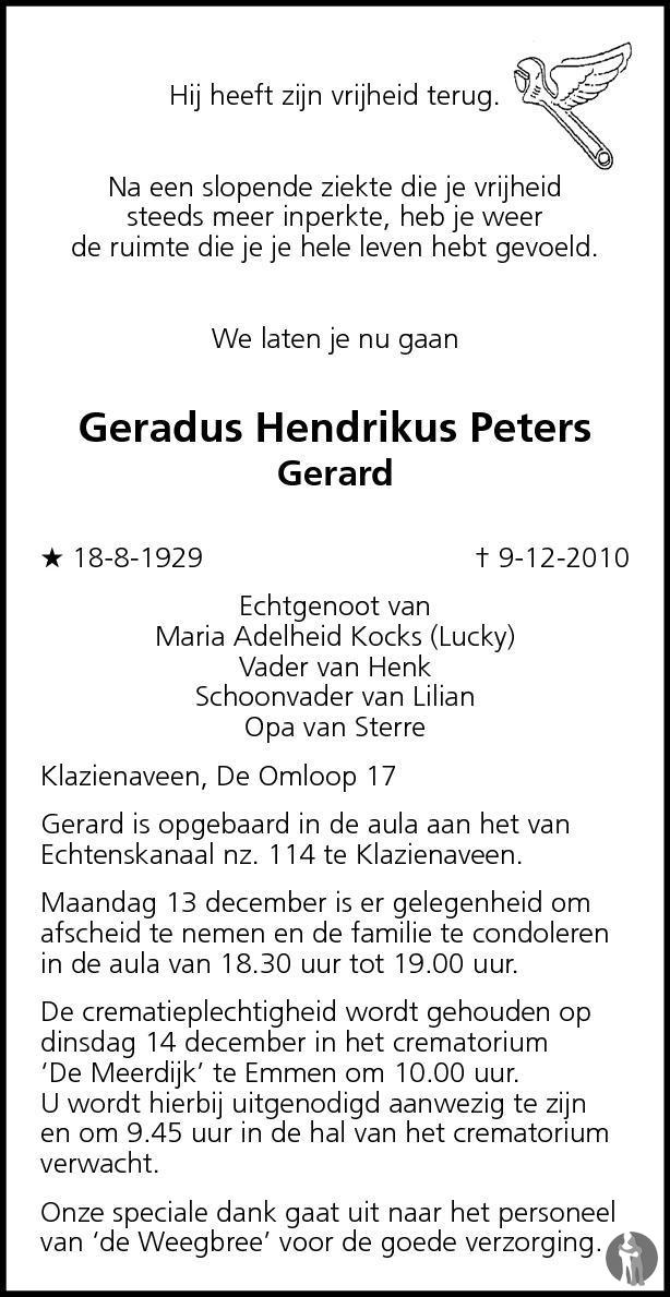 Gerardus Hendrikus Gerard Peters 09 12 2010 Overlijdensbericht En