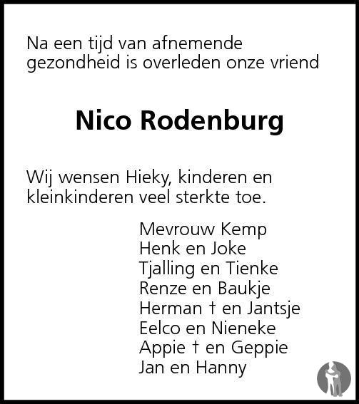 Overlijdensbericht van Nicolaas Antonius (Nico) Rodenburg in Dockumer Courant