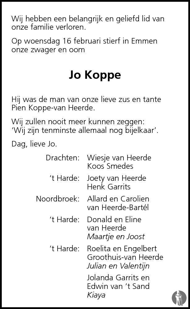 Johannes Koppe 16022011 overlijdensbericht en condoleances