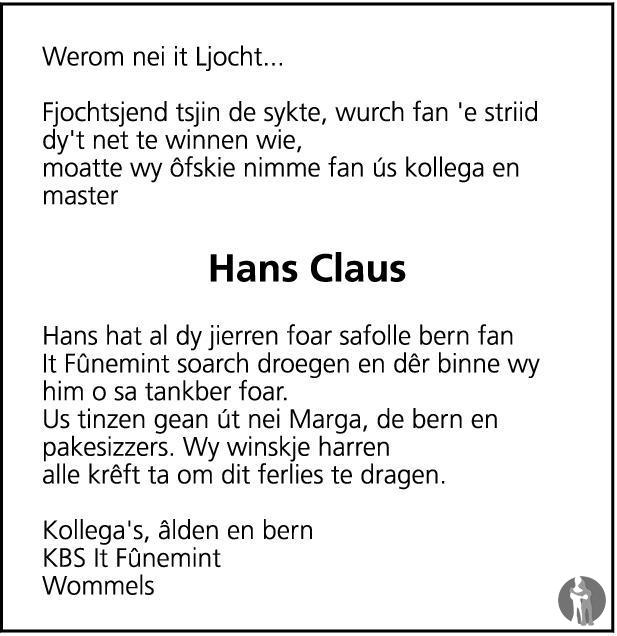 Overlijdensbericht van Johannes Franciscus  Claus in Leeuwarder Courant