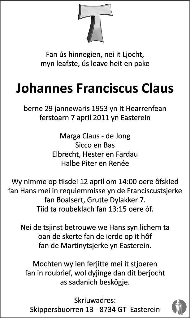 Overlijdensbericht van Johannes Franciscus Claus in Leeuwarder Courant