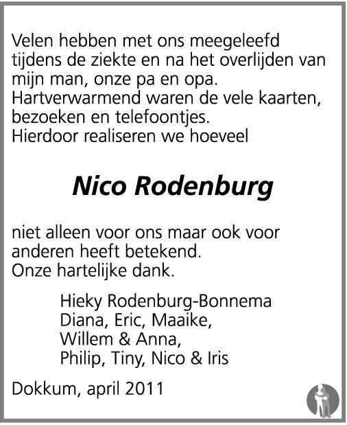 Overlijdensbericht van Nicolaas Antonius (Nico) Rodenburg in Dockumer Courant