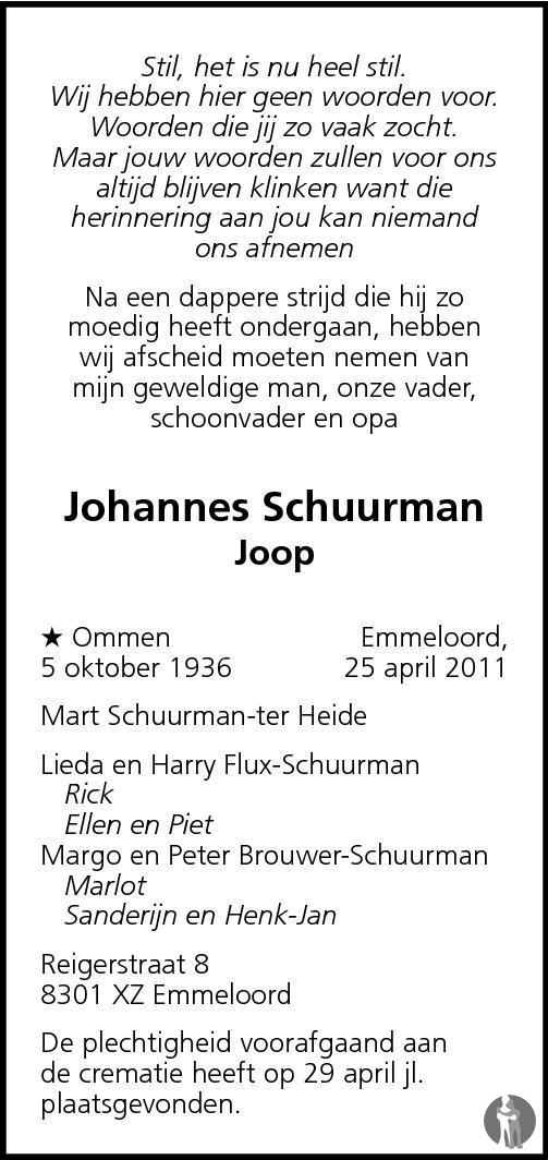 Johannes Joop Schuurman 25 04 11 Overlijdensbericht En Condoleances Mensenlinq Nl