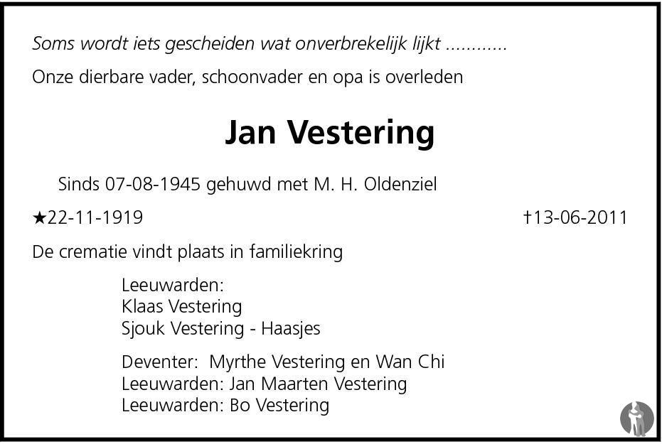 Jan Vestering 13062011 overlijdensbericht en condoleances Mensenlinq.nl