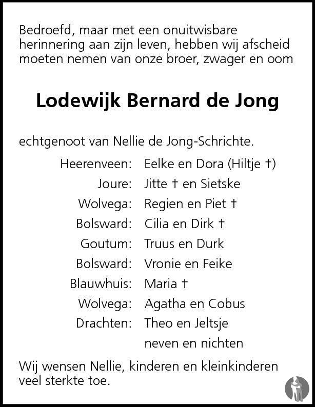 Overlijdensbericht van Lodewijk Bernard de Jong in Leeuwarder Courant