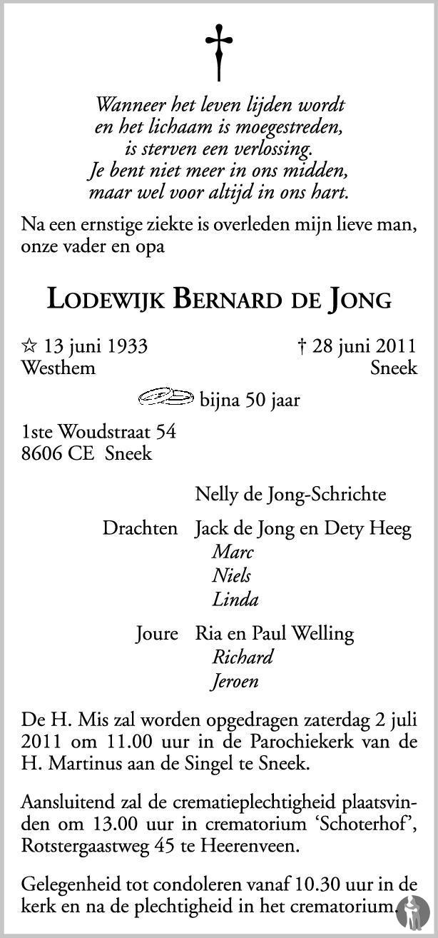 Overlijdensbericht van Lodewijk Bernard de Jong in Leeuwarder Courant