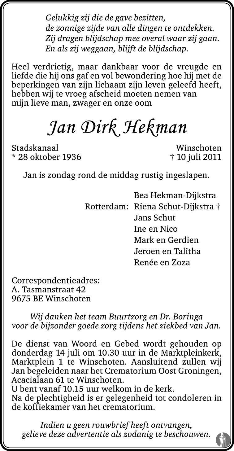 Jan Dirk Hekman 10-07-2011 overlijdensbericht en condoleances ...