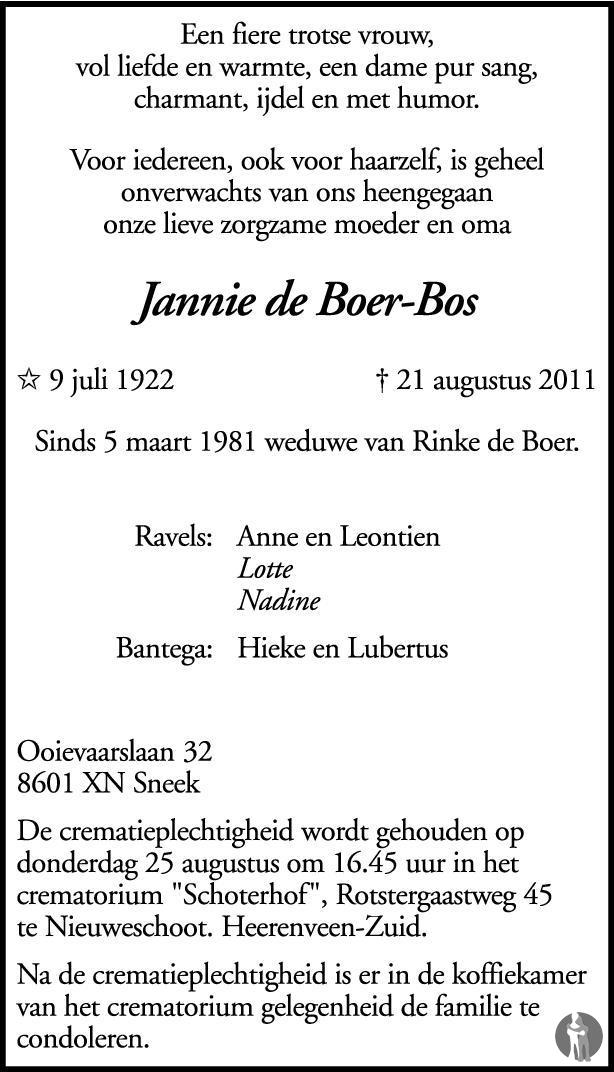 Jannie de Boer - Bos 21-08-2011 overlijdensbericht en condoleances ...