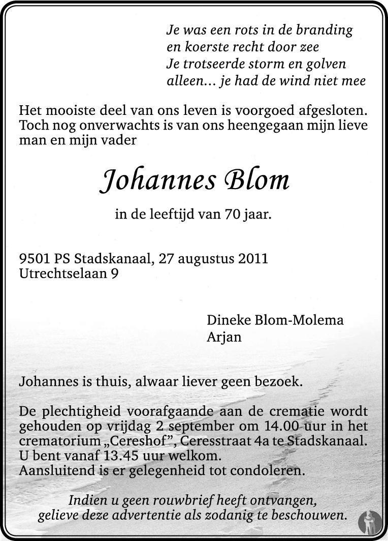 Johannes Blom 27082011 overlijdensbericht en condoleances Mensenlinq.nl