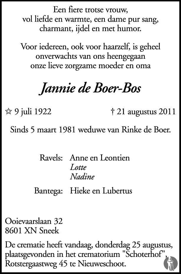 Jannie de Boer - Bos 21-08-2011 overlijdensbericht en condoleances ...