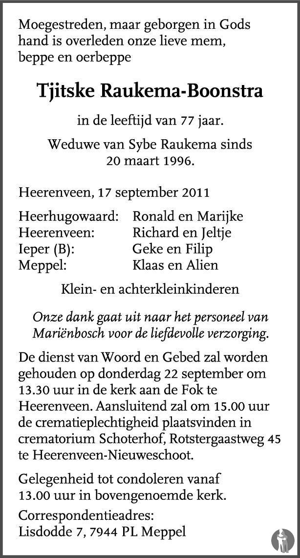 Tjitske Raukema - Boonstra 17-09-2011 overlijdensbericht en ...