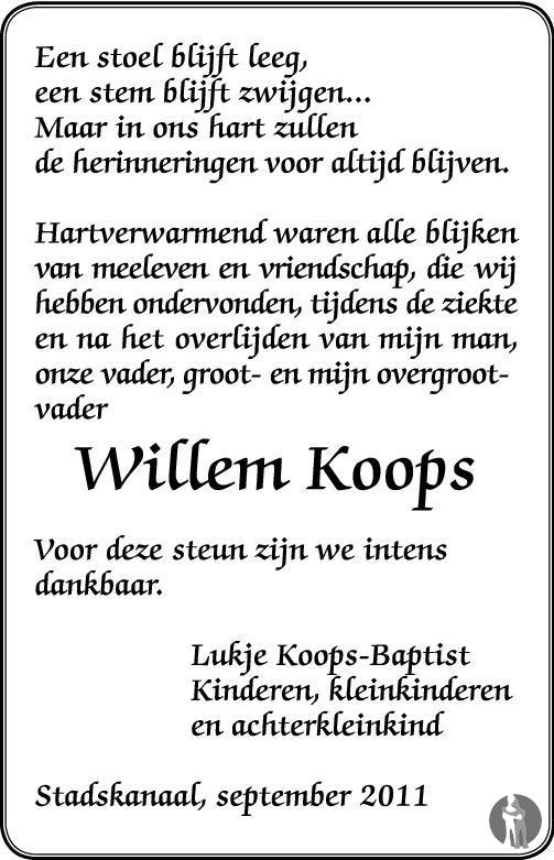 Willem Koops 30082011 overlijdensbericht en condoleances Mensenlinq.nl