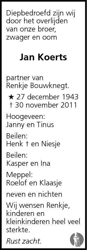 Jan Koerts 30112011 overlijdensbericht en condoleances Mensenlinq.nl