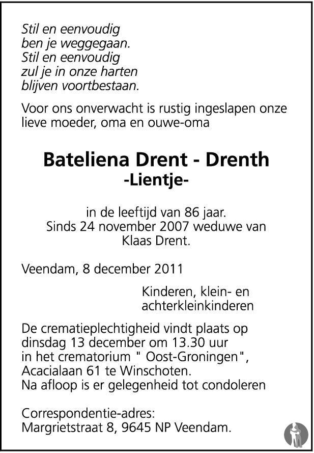 Bateliena (Lientje) Drent Drenth 08122011 overlijdensbericht en condoleances Mensenlinq.nl