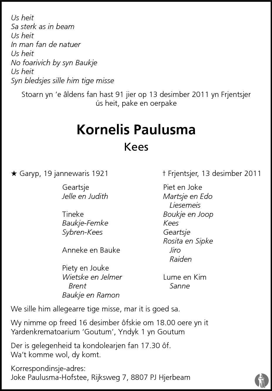 Overlijdensbericht van Kornelis (Kees) Paulusma  in Leeuwarder Courant